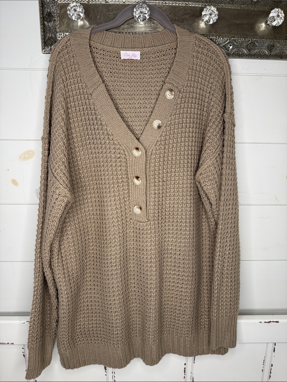 Pink Lily Taupe Waffle-Knit V-Neck Button Pullover Sweater